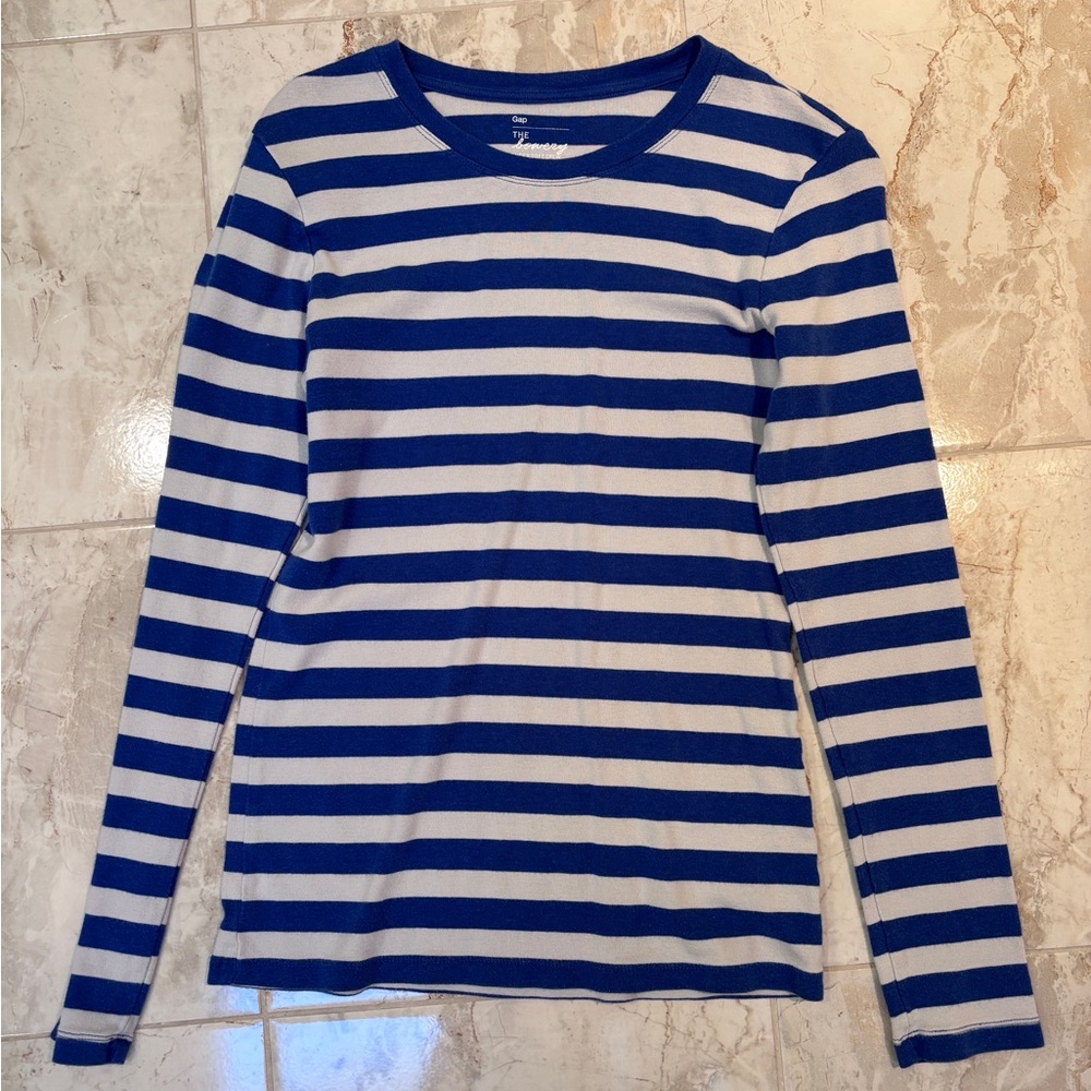 GAP The Bowery Supers Soft Blue and Grey Striped Long Sleeve Crew Size Medium